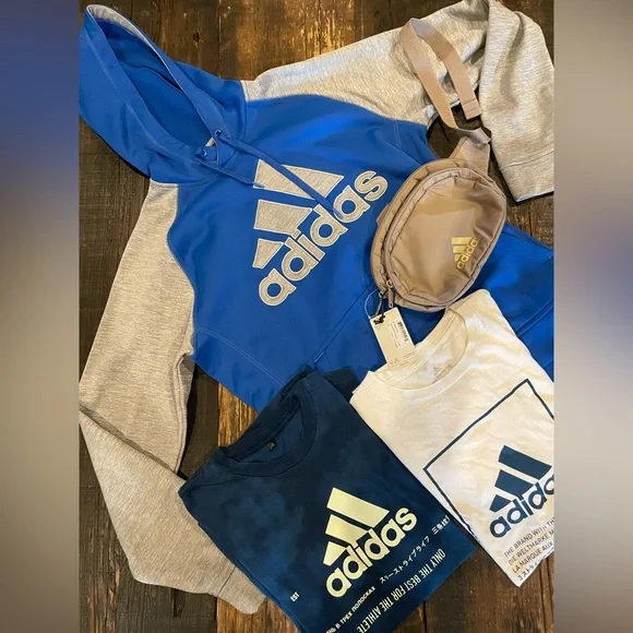 ADIDAS Bundle Lot: Blue and Gray Hoodie WITH 2 T-Shirts & Waist Pack Unisex - Picture 1 of 15